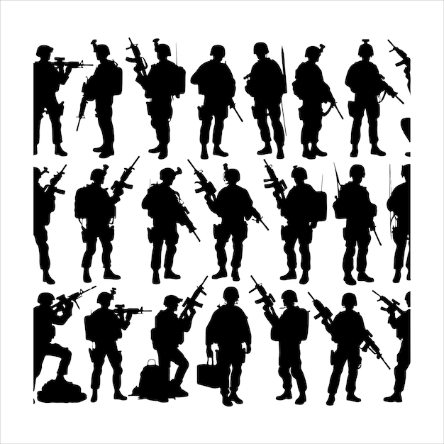 Vector soldier silhouette special army force wearing uniforms soldiers standing vector