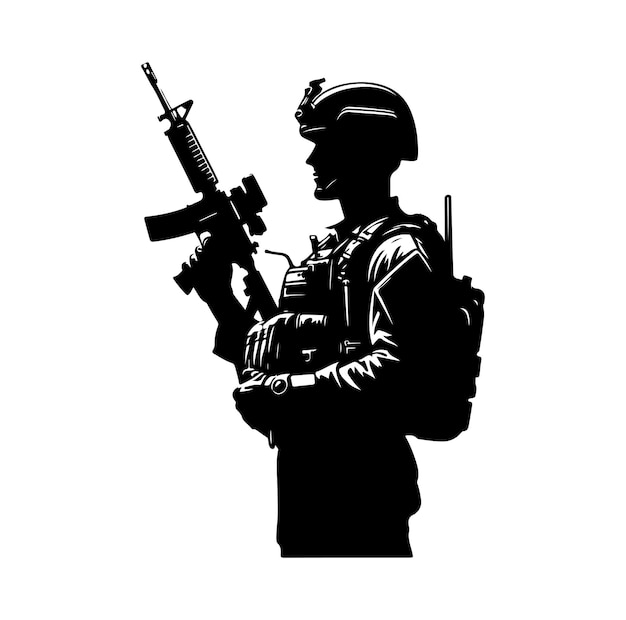 Soldier silhouette on a white background Special army force wearing uniforms Soldiers standing