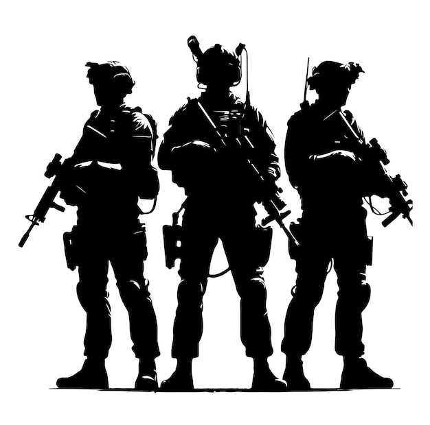 Soldier silhouette on a white background Special army force wearing uniforms Soldiers standing