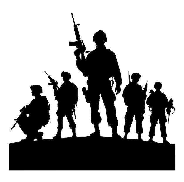 Vector soldier silhouette on a white background special army force wearing uniforms soldiers standing