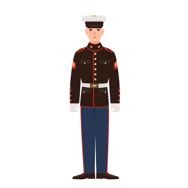 Soldier of USA armed force wearing parade uniform and cap. American military man, sergeant or infantryman isolated on white background. Male cartoon character. Flat colorful vector illustration.