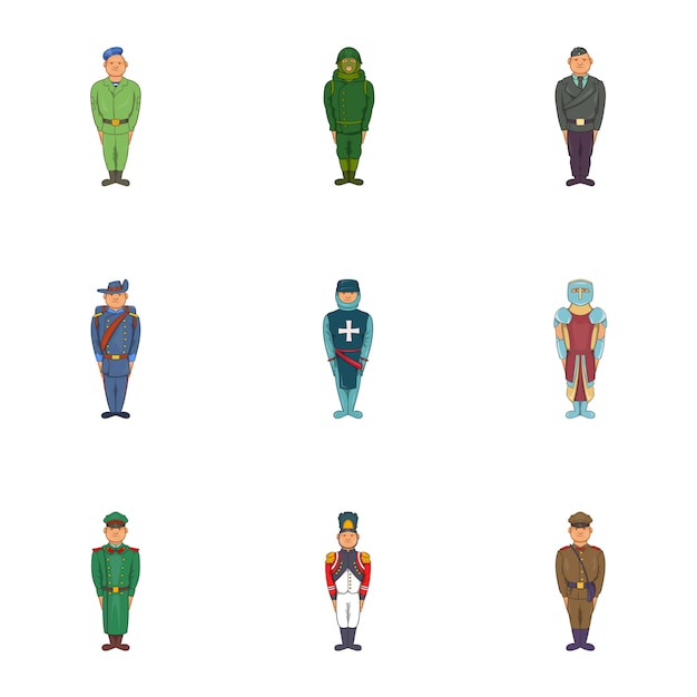 Soldiers icons set, cartoon style