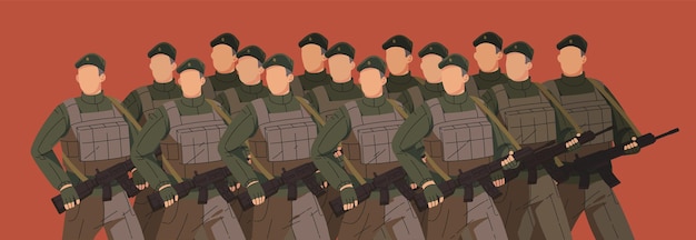 Soldiers march on parade Airborne army in khaki beret and body armor with weapon in arms Military people warriors patriots armed men in platoon group defend and attack Flat vector illustration