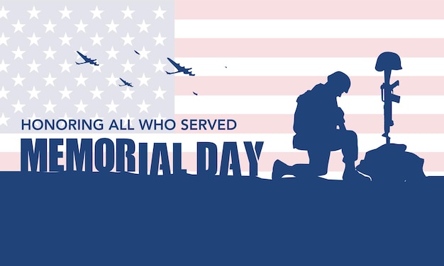 Vector soldiers silhouette saluting the usa flag for memorial day poster or banners illustration usa flag as a background