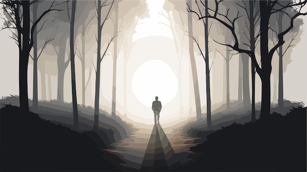 Vector solitary man walking on misty artistic forest trail