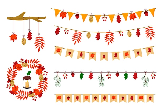 Vector сollection of autumn season decoration elements vector set of autumn garlands holiday flags