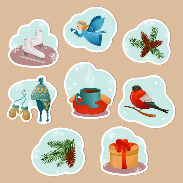 Vector sollection of winter stickers cozy winter compositions on blue background with snowflakes