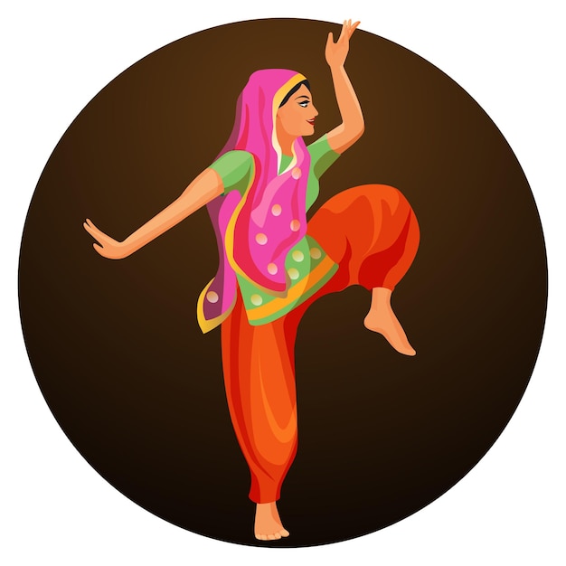 Solo dance performed by girl in silk shirt and trousers with covered head. Bharatanatyam woman dancer vector illustration isolated. Indian classical dance originated in Hindu temples.