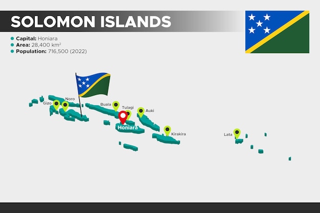 Vector solomon islands isometric 3d illustration map flag capital cities area population and map of solomon