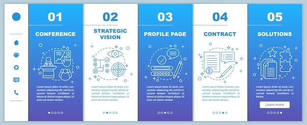 Solutions searching onboarding mobile web pages vector template Conference strategic vision profile page contract solutions Responsive smartphone website interface Webpage walkthrough screens