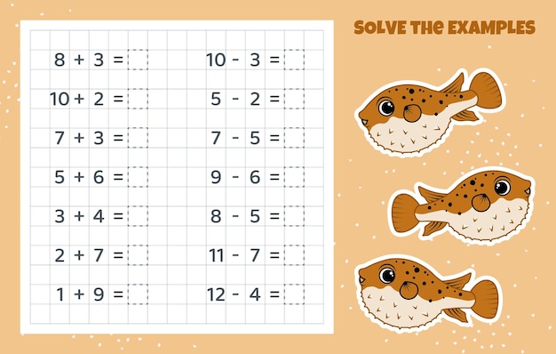 Solve the examples Addition and subtraction Mathematical puzzle game Worksheet for kids Vector