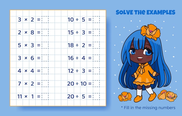 Solve the examples Multiplication and division up to 20 Mathematical puzzle game Worksheet