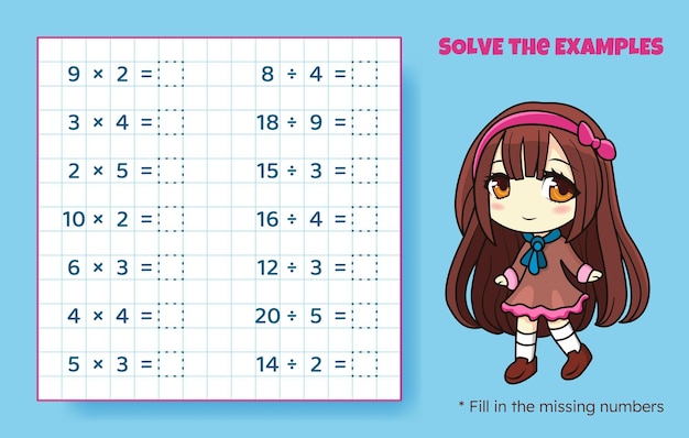 Solve the examples Multiplication and division up to 20 Mathematical puzzle game Worksheet