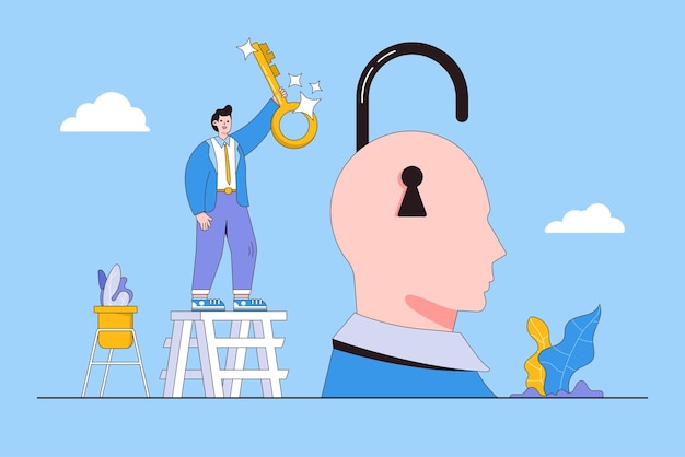 Solving business problem unlock task answer professional finding creative ideas and innovation solution to company issue concepts Smart businessman holding golden key to open locked head brain