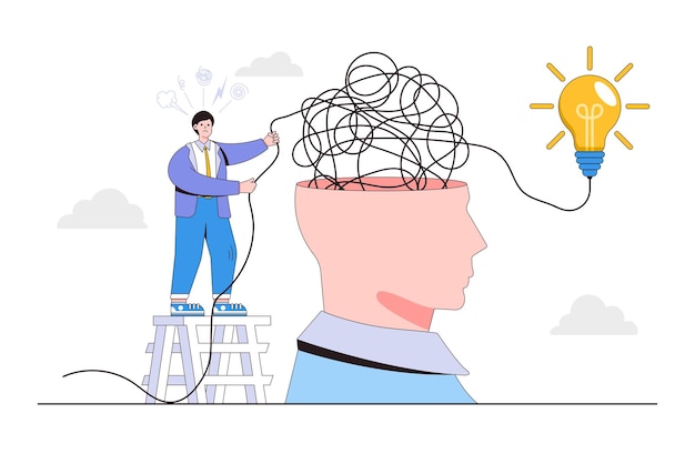 Solving complexity problem overcome difficulty searching business solutions intellectual clutter concepts Frustrated businessman trying to solve tangled rope in head and finding lightbulb idea