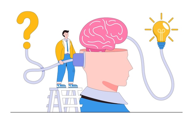 Solving problem process of discover or searching new idea creativity to answer question concepts Smart businessman plug cables to connecting trouble with head brain to getting lightbulb solution