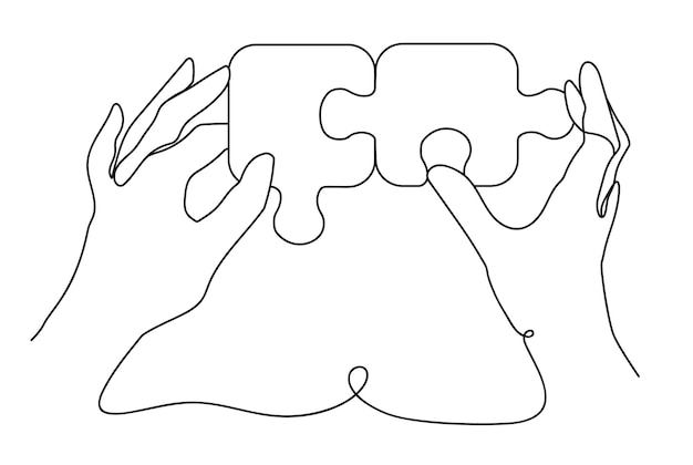 Solving puzzle Human hands connecting jigsaw pieces find solution continuous one line vector illustration