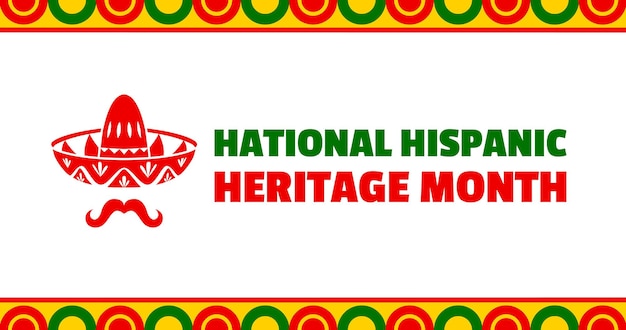 Sombrero and mustaches on National Hispanic Heritage Month banner Latin America culture holiday celebration flyer Mexican or Spanish festival or carnival vector poster Hispanic Heritage Month card