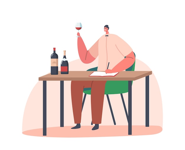 Sommelier Tasting Wine Concept Specialist Male Character Sitting at Table with Glass Bottles and Cup with Alcohol Drink Degustation Isolated on White Background Cartoon People Vector Illustration