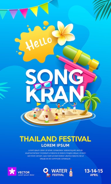 Songkran day thailand festival water gun and child playing sand pagoda summer poster flyer design