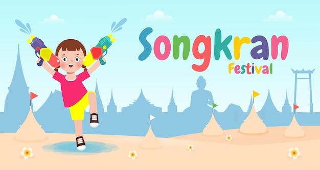 Songkran festival banner template kids holding water gun and jumping enjoy splashing water in thai