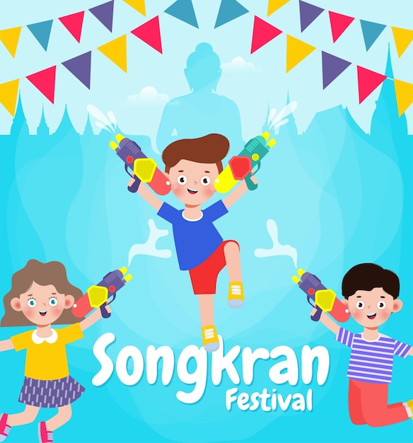 Songkran festival banner template kids holding water gun and jumping enjoy splashing water