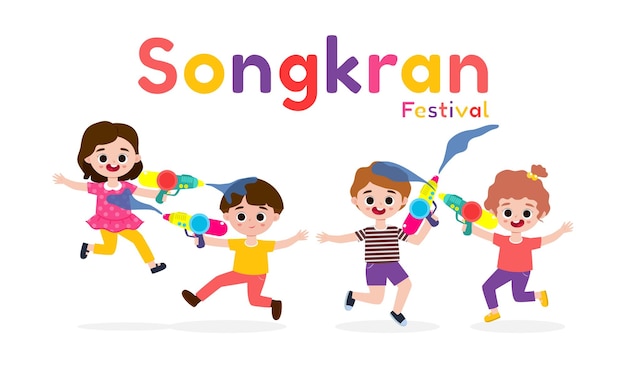 Songkran festival banner template kids holding water gun and jumping on white background