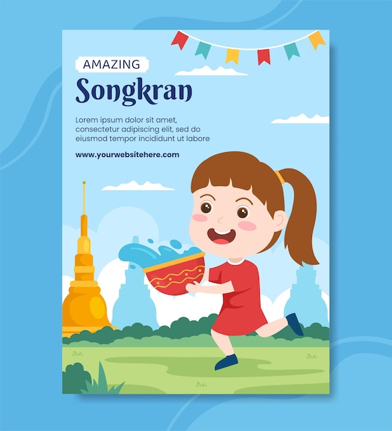 Songkran Festival Day Poster Template Cartoon Background Vector Illustration