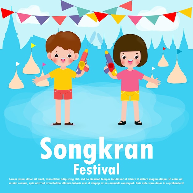 Songkran festival kids holding water gun enjoy splashing water in Songkran festival, Thailand Traditional New Years Day Illustration Thailand travel concept