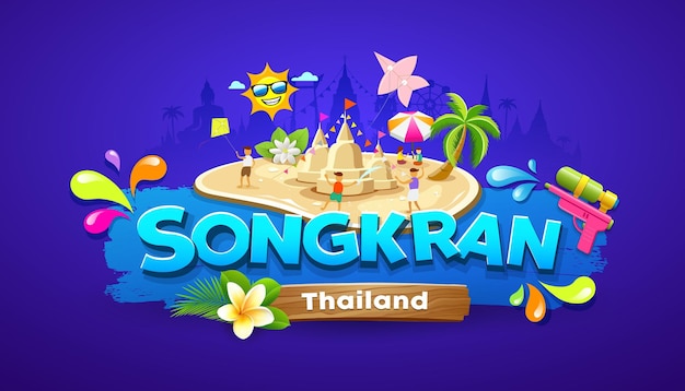 Songkran festival thailand fun children playing in the water and playing in the sand colorful banner