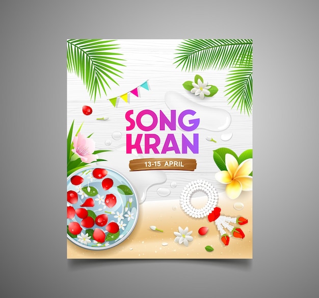 Songkran festival thailand rose petals in bowl and thai flowers coconut leaf poster flyer design