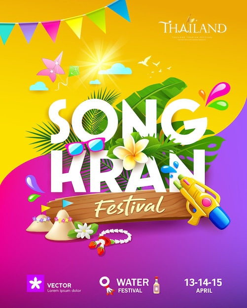 Songkran festival thailand summer tropical leaf gun water and thai flower poster flyer design