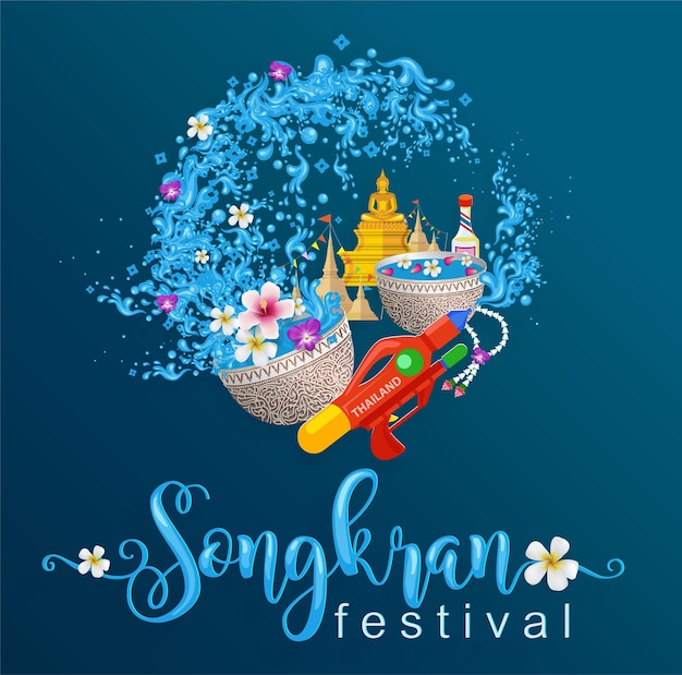 Songkran Festival, Thailand travel concept - The Most Beautiful Places To Visit In Thailand in flat style. ( Translation thai : Songkran )