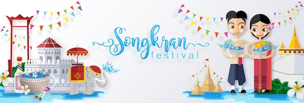 Songkran Festival, Thailand travel concept - The Most Beautiful Places To Visit In Thailand in flat style. ( Translation thai : Songkran )