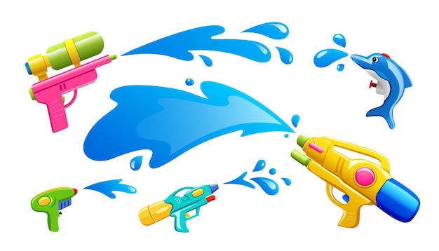 Songkran festival thailand water guns water splash collections design isolated on white background