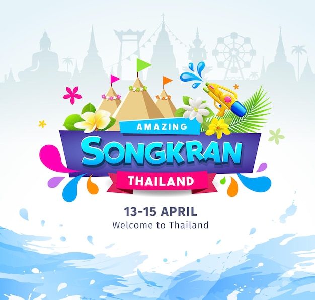 Songkran Thailand Festival colorful ribbon banner water splash design background