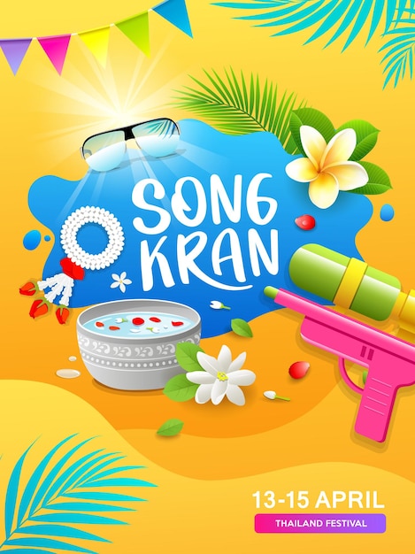 Songkran thailand festival gun water and thai flower poster design on abstract yellow background