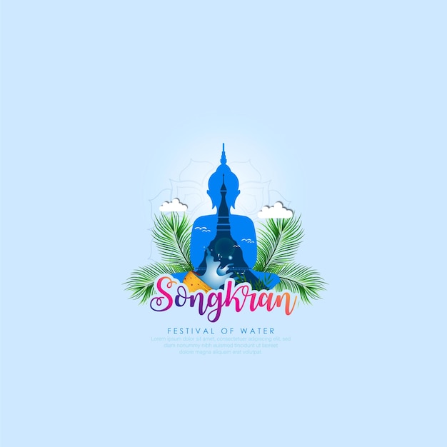 Songkran Thailand water splash festival banner. Thai landmarks as temple, buddha vector illustration