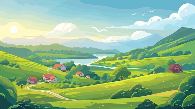 Vector soothing green summer landscape with natural village