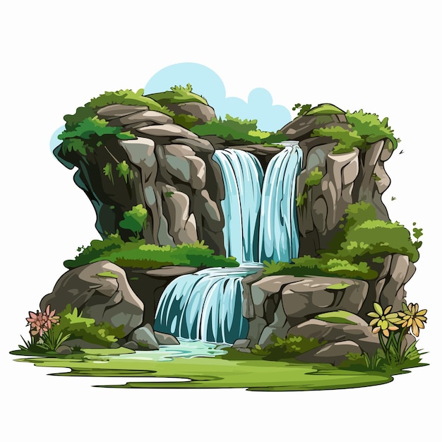 Soothing Waterfall and Lush Green Grass Illustration