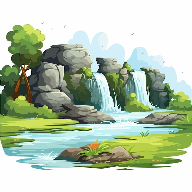 Soothing Waterfall and Lush Green Grass Illustration