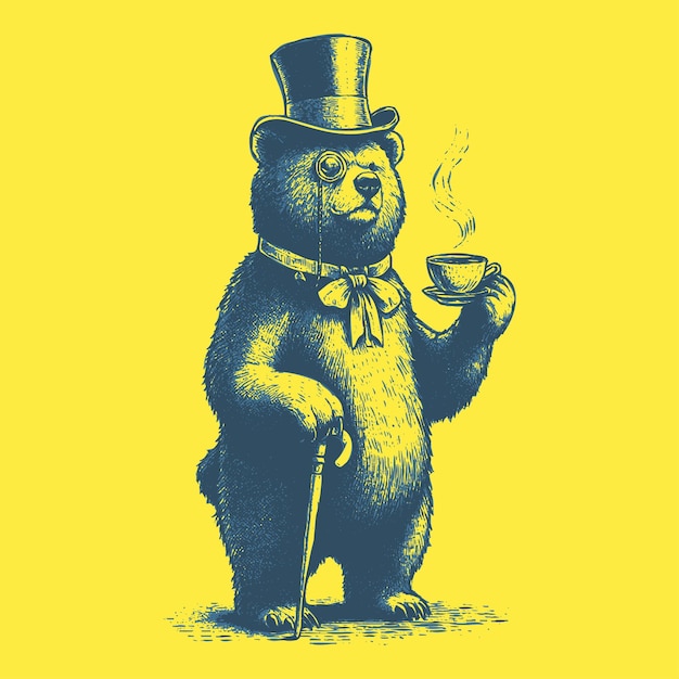 Vector sophisticated bear with top hat and tea