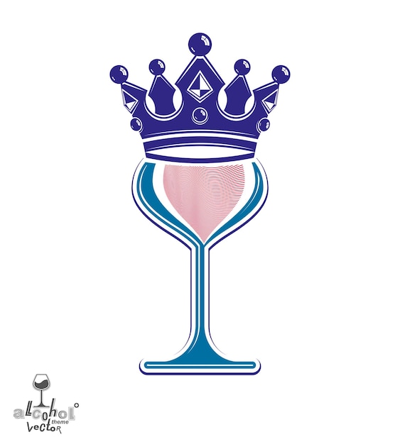 Sophisticated luxury wineglass with king crown, graphic artistic vector goblet. Full glass of wine vector illustration. Party creative object.