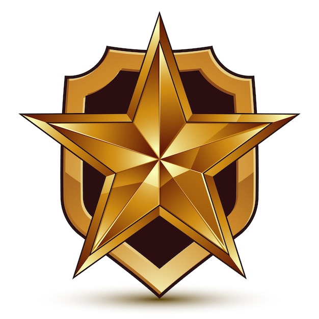 Sophisticated vector blazon with a golden star emblem, 3d pentagonal design element, clear EPS 8.