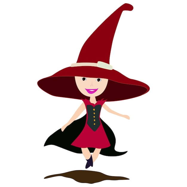 Sorceress in dress and cloak with big witches hat isolated on white background Cartoon flat style Design element