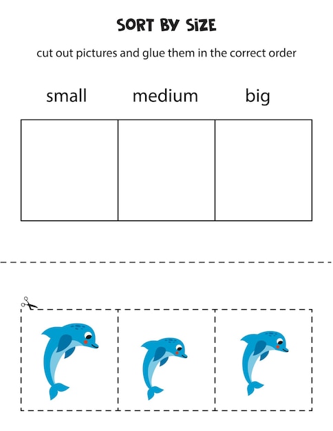 Sort blue dolphin by size Educational worksheet for kids