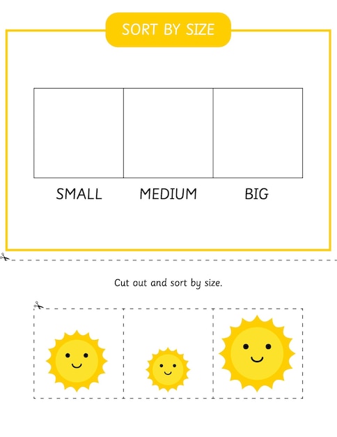 Sort by size worksheet for kids. Arrange happy suns by size. Educational game for preschool centers