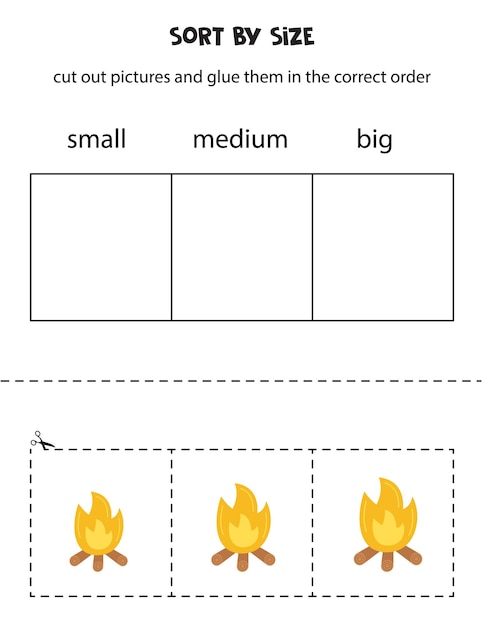 Sort campfires by size Educational worksheet for kids