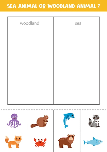 Sort cards into sea or woodland animals Logical game for children