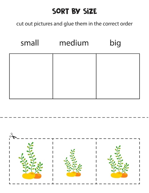 Sort cartoon seaweed by size Educational worksheet for kids